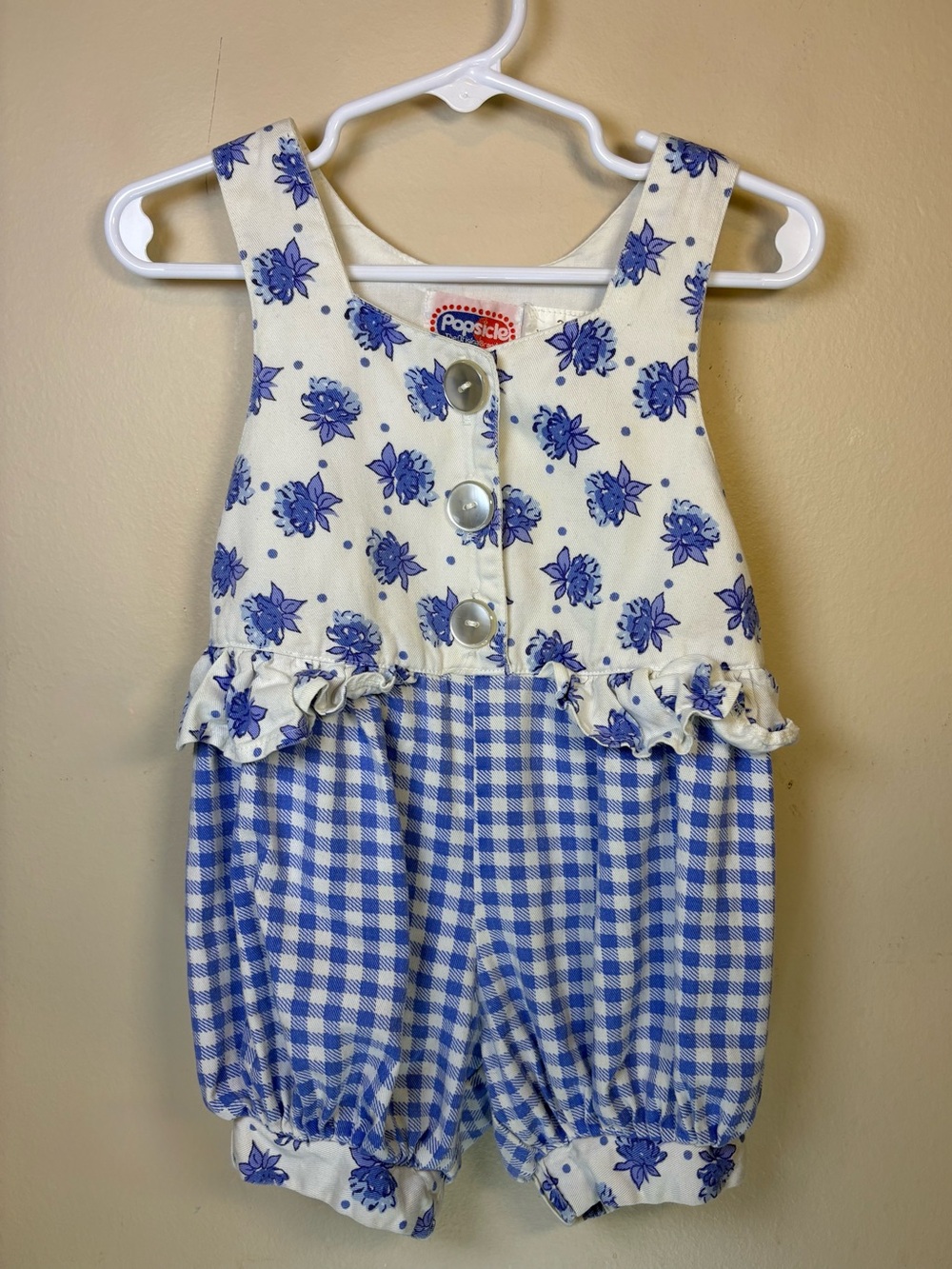 Vintage 90s Popsicle Gingham Blue And White Floral Romper Size 2 Cotton